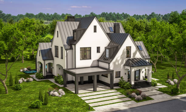 istock 3d rendering of white and black modern Tudor house 1437895298