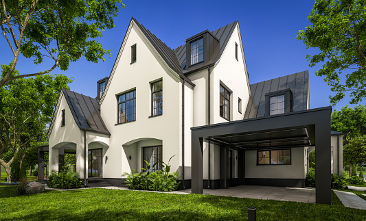istock 3d rendering of white and black modern Tudor house 1437895304