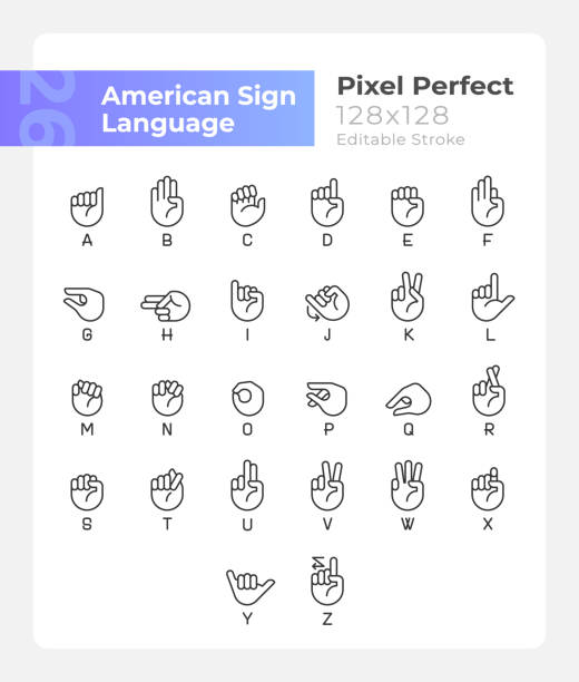 ilustrações de stock, clip art, desenhos animados e ícones de letters in american sign language pixel perfect linear icons set - american sign language