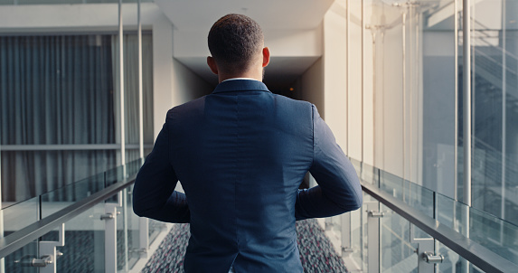 Back view, office corridor and business man walking in company workplace ready for work. Rear view, employee or male ceo, manager and leader going to corporate boardroom for sales or finance meeting.