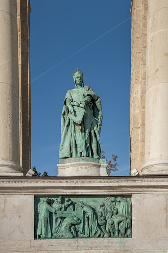 Budapest, Hungary - Oct 22, 2019: Andrew II of Hungary Statue in the Millennium Monument at Heroes Square  - sculpture by György Zala c.1906 - Budapest, Hungary