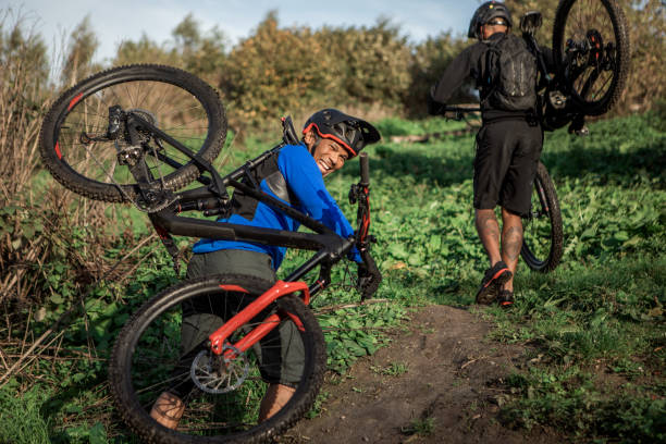 istock Two black mountain bikers on the trail 1437897376