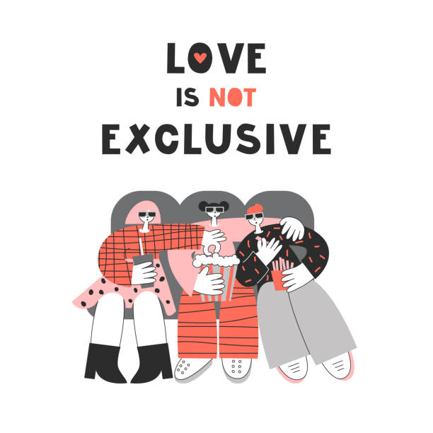 Three lovers on romantic date. Polygamy, polyamory and bisexuality, happy non-monogamous open relationship concept. LGBT rights, pride vector flat lettering quote wishes card. Friends spending time together. Modern polyamorous family in cinema watching movie. polygamy stock illustrations