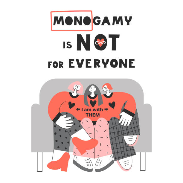 Three lovers on romantic date. Polygamy? polyamory and bisexuality, happy non-monogamous open relationship concept. LGBT rights, pride vector flat lettering wishes card with quote. Modern polyamorous family celebrating Valentines day on a sofa. polygamy stock illustrations