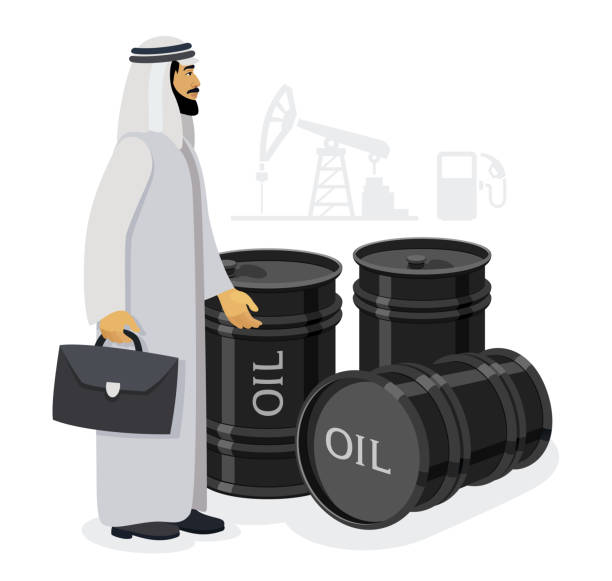 Arabic businessman. Oil barrel. Arabic businessman with oil barrels. qatar emir stock illustrations