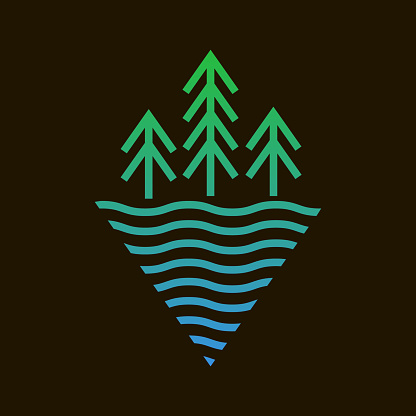 minimalistic line art rhomboid green sign of three fir trees and water waves