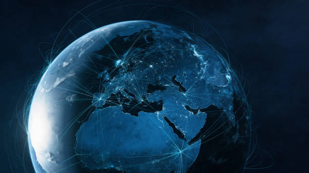 global network - global business, rotte aeree, linee di collegamento - blu - global communications global business global technology foto e immagini stock