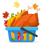 istock Roasted turkey bird, pumpkin and corn in a basket on a white. Thanksgiving day 1437902014
