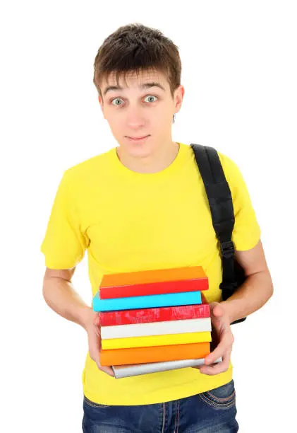 Surprised Student with Pile of the Books Isolated on the White Background