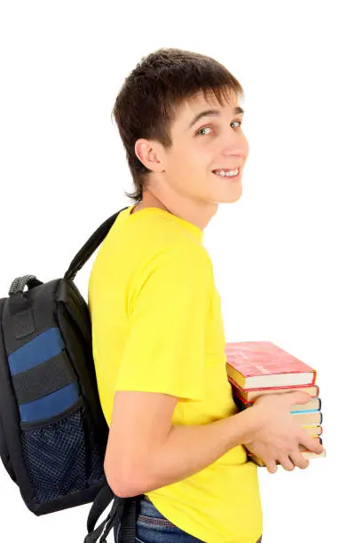 Happy Student with Knapsack Hold the Books Isolated on the White Background