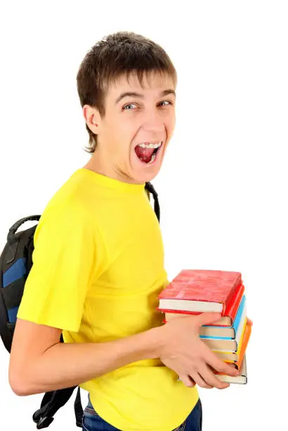 Happy Student with Knapsack Hold the Books Isolated on the White Background