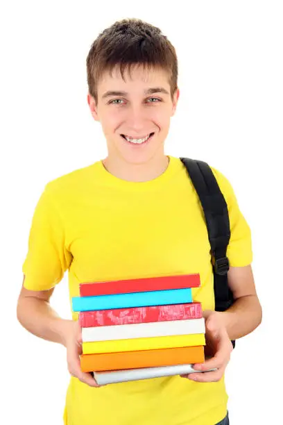 Student with Knapsack Hold the Books Isolated on the White Background