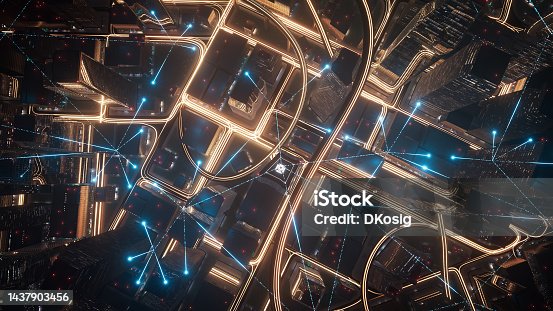 istock Emerging Connection Lines Over Streets And Skyscrapers - 5G, Data Transfer, Finance And Economy - City At Night 1437903456