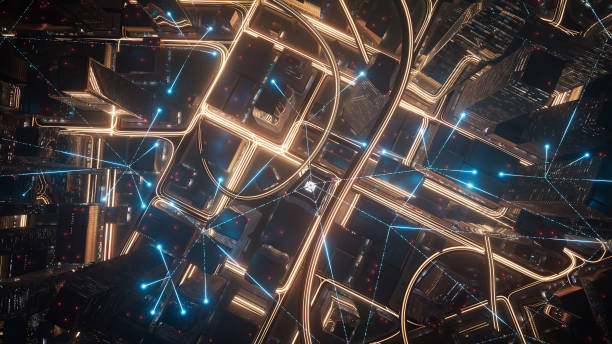 Emerging Connection Lines Over Streets And Skyscrapers - 5G, Data Transfer, Finance And Economy - City At Night 3d rendered cityscape, perfectly usable for all kinds of topics related to traffic, digital communication and modern business networks. 3d city street stock pictures, royalty-free photos & images