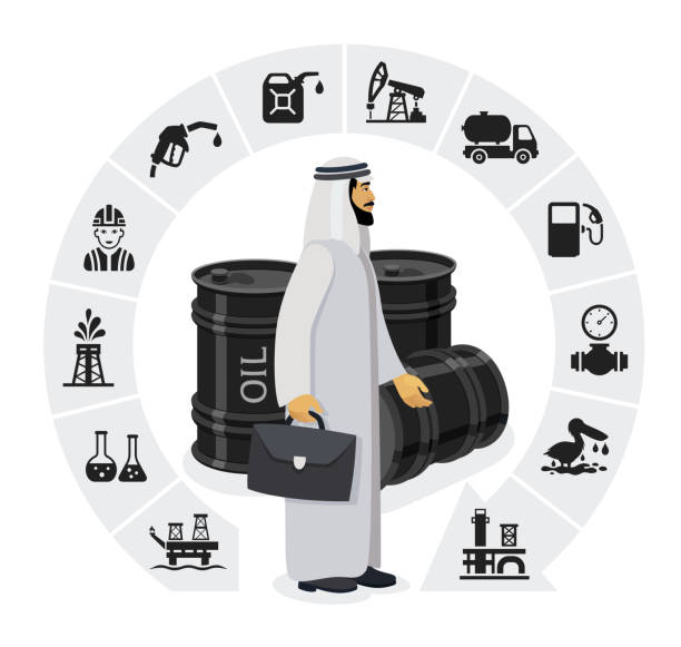 Oil industry concept. Arabic businessman. Oil barrel. Oil industry concept. Arabic businessman. Oil barrel. qatar emir stock illustrations