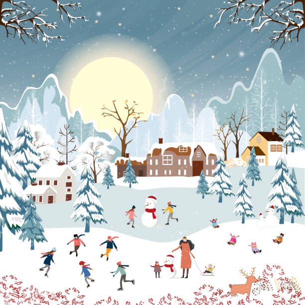 Winter scene landscape on Christmas night,Vector banner cute winter wonderland in the town with happy kids sledding and playing ice skates in the park,Merry Christmas ,New year 2023 background Winter scene landscape on Christmas night,Vector banner cute winter wonderland in the town with happy kids sledding and playing ice skates in the park,Merry Christmas ,New year 2023 background farm cartoon animal child stock illustrations