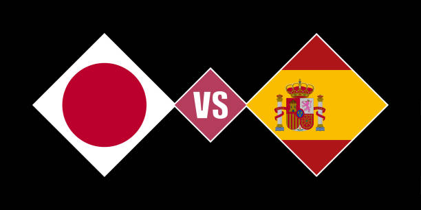 koncepcja flagi japonia vs hiszpania. ilustracja wektorowa. - japan spain stock illustrations