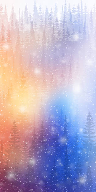 marzycielski las zimowy, opady śniegu i efekt bokeh, tło wakacyjne, baner pionowy - winter landscape sweden snow stock illustrations