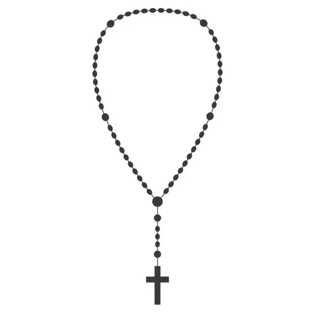 Vector illustration of Rosary beads silhouette. Prayer jewelry for meditation. Catholic chaplet with a cross. Religion symbol. Vector illustration.