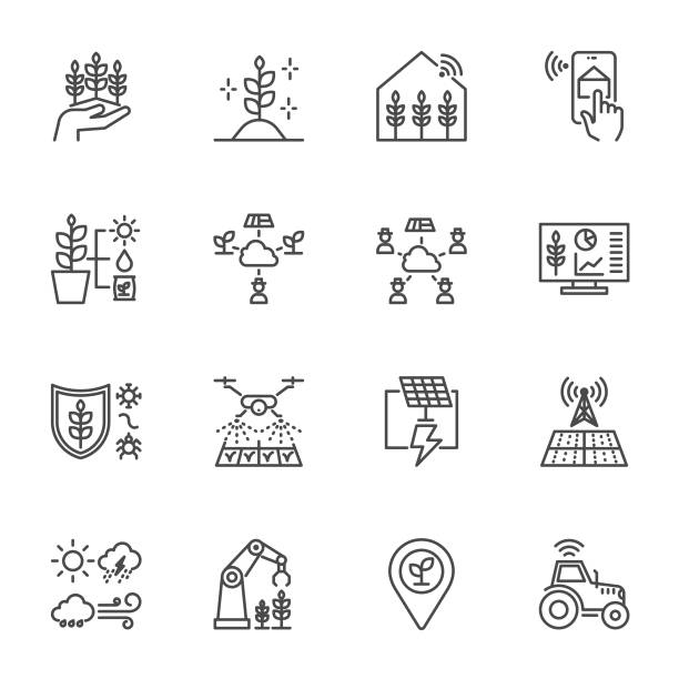 Smart Farming and Agriculture Technology Icons set, Vector icons on white background Smart Farming and Agriculture Technology Icons set, Vector Thin Line Icons Set on white background precision agriculture stock illustrations