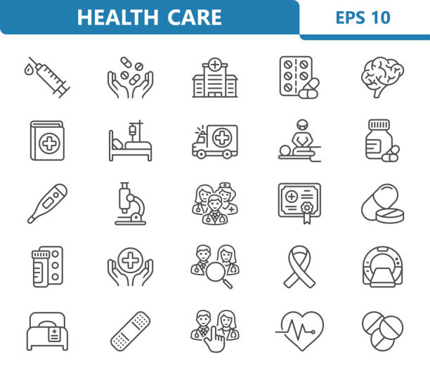 иконы здравоохранения. здравоохранение, больница, медицинский векторный набор иконок - hospital stock illustrations