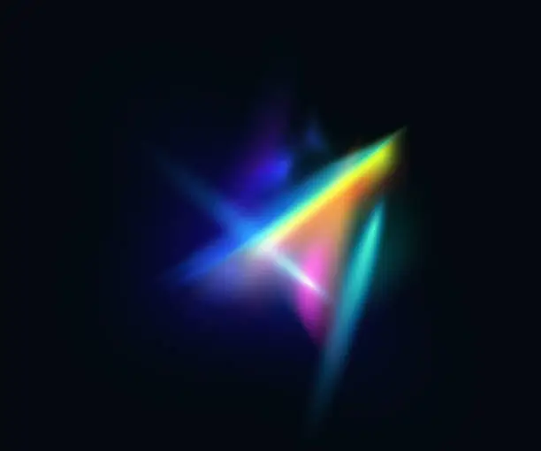Vector illustration of Crystal rainbow lights effect, bright ray or beam glowing light. Flare reflection from prism or diamond. 3d gem shining iridescent glare. Lens colorful vector diamond light