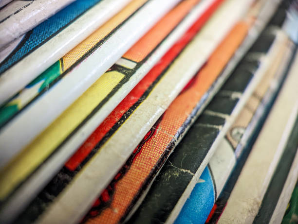 istock Old vintage comic books stack creates colorful background paper texture with abstract shapes 1437917567