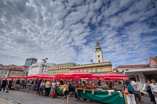 Picture of the dolac market in Zagreb, croatia. Dolac is a farmers' market located in Gornji Grad - Medvescak city district of Zagreb, Croatia. Dolac is the most visited and the best known farmer's market in Zagreb, well known for its combination of traditional open market with stalls and a sheltered market below.