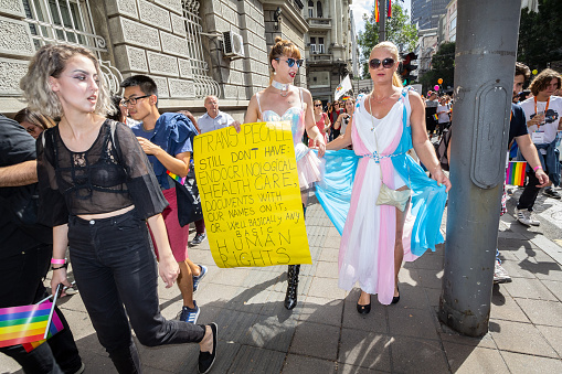 Picture of a people wearing a transgender flag advocating for basic rights and trans rights during the belgrade gay pride.