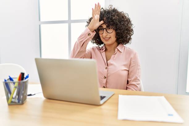 istock Young middle east woman having video call communicating with deaf language at office 1437919075