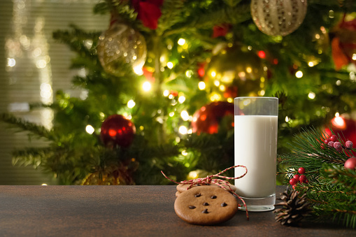 Christmas cookies in white plate and milk for Santa Claus in glass near Xmas tree. Christmas card.