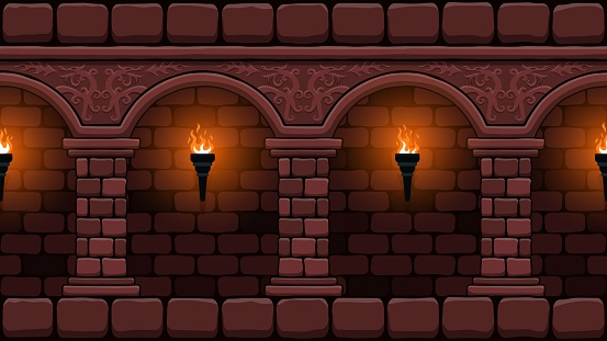 Medieval castle corridor with burning torches. 2d Game seamless background.