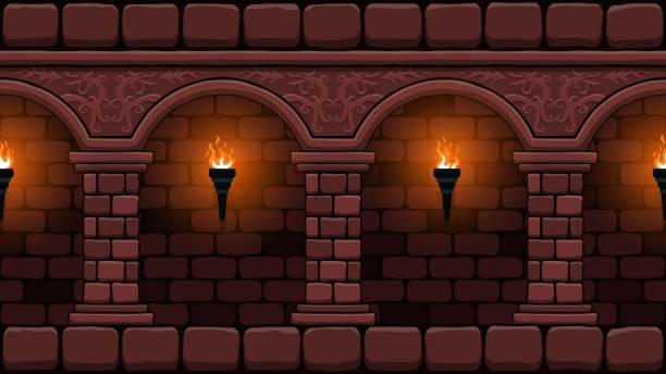 Medieval castle corridor Medieval castle corridor with burning torches. 2d Game seamless background. turret arch stock illustrations