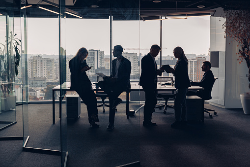 Silhouette photo of businesspeople during working day in modern meeting room. High quality photo