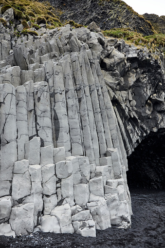 Basalt rock columns at Reynisfjara Black Sand Beach in South Iceland