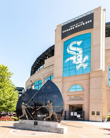 Chicago, IL, USA - AUGUST 23, 2019: The exterior of the MLB's Chicago White Sox's Guaranteed Rate Field. The baseball stadium has had many name changes over the years but is best known for Comisky.