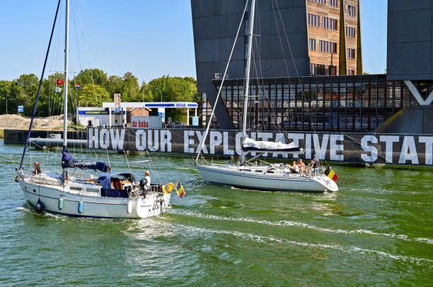 Close up view of a camouflage boat in the centre of Liverpool, UK.  There are no people in the photograph