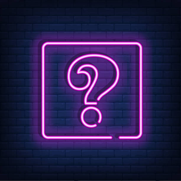 Neon glowing question mark. Quiz neon banner. Color neon frame on brick wall. Realistic bright night signboard. Vector illustration. Neon glowing question mark. Quiz neon banner. Color neon frame on brick wall. Realistic bright night signboard. Vector illustration. game show host stock illustrations