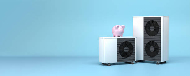 3d render of a small and large fictitious air source heat pump with a piggy bank on tip. Concept for saving energy and money by using electric air heat pumps. Web banner format. stock photo