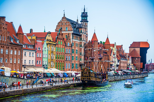 Gdansk, Poland - August 4, 2018: Panorama of Old Town of Gdansk, Dlugie Pobrzeze and Motlawa River