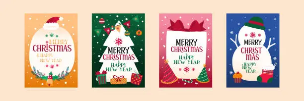 Vector illustration of Merry Christmas And Happy New Year Greeting Card, Cute Christmas Decoration With Ornaments, Vector