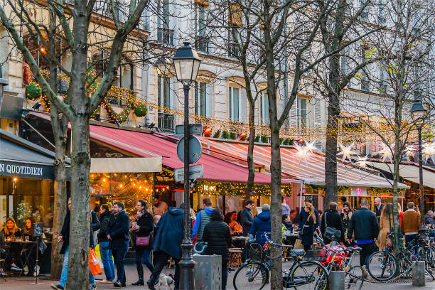 Paris, France - January, 2020: Urban scene crowd walking at street of paris, france stock photo