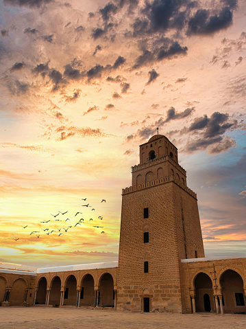 The Great Mosque of Uqba Ibn Nafi, Sidi Okba, grand mosque of Kairouan, UNESCO world heritage city of Kairouan, Tunisia. It was built by Arab general Uqba ibn nafi in 670 AD.