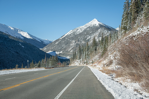 Curvy and steep Highway US 40 through Berthoud Pass in the Rocky Mountains of Colorado ski country