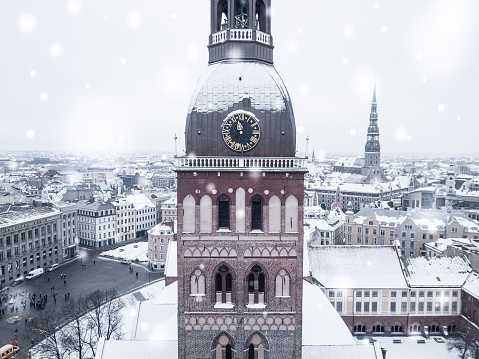 An amazing aerial view of the Riga old town during a heavy snow