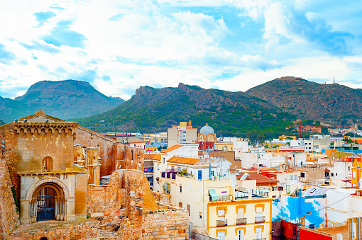 Old town in mountains, colorful architecture, Cartagena, Spain