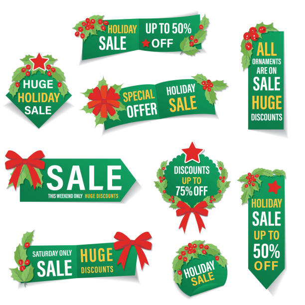 Green Holly Christmas Sale Tag or Sticker vector art illustration