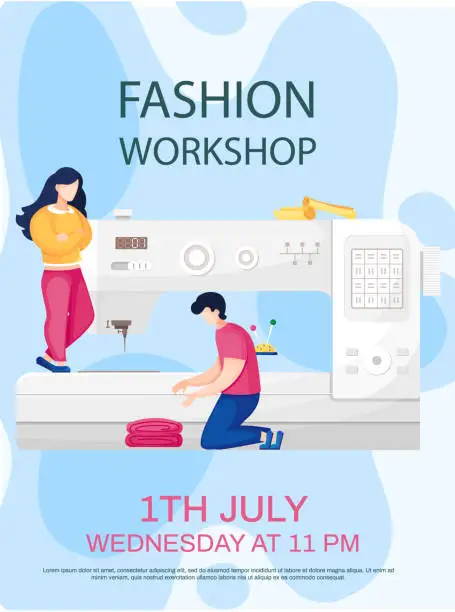 Vector illustration of Man working with fabric, girl controls sewing machine tailoring. Fashion workshop concept poster