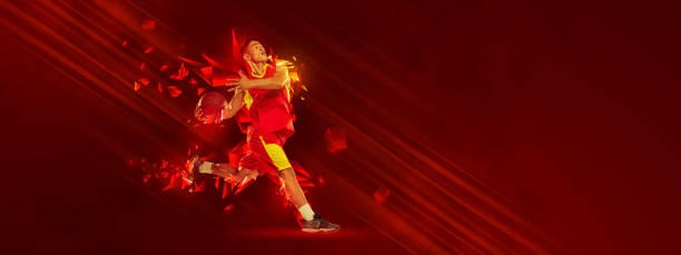 istock Creative artwork. Sportive man, basketball player in motion over red background with polygonal and fluid neon elements. 1437943056