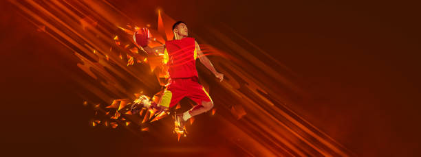 istock Creative artwork. Sportive man, basketball player in motion, playing over red background with polygonal and fluid neon elements. 1437943092